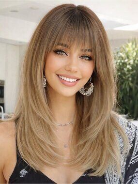 Women's Ombre Blonde Heat Resistant Middle Length Natural Layered Straight Wig